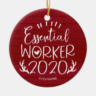 Essential Worker 2020 Covid Christmas Red Wood Ceramic Tree Decoration