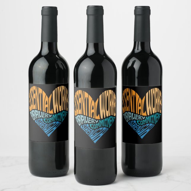 Essential Worker Heart Word Art Wine Label (Bottles)