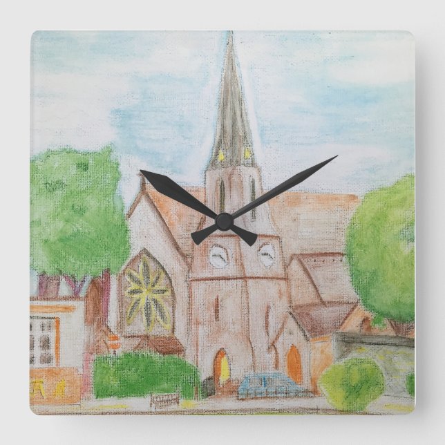 Essex Church Water Colour Pencil Square Wall Clock (Front)
