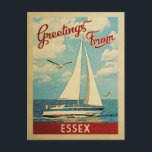 Essex Sailboat Vintage Travel Connecticut Postcard<br><div class="desc">This Greetings From Essex Connecticut vintage travel nautical design features a boat sailing on the water with seagulls and a blue sky filled with gorgeous puffy white clouds.</div>
