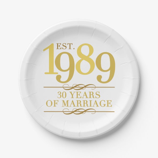 Est. 1989 30th Wedding Anniversary Paper Plate (Front)