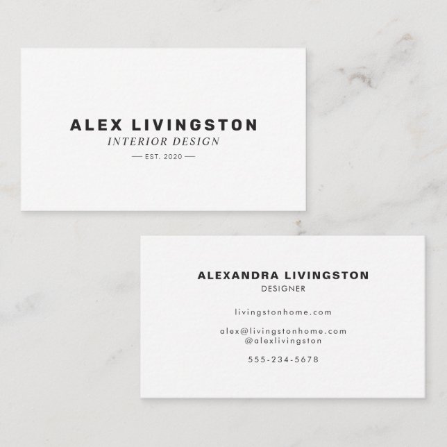 Established Year Modern White Interior Designer Business Card (Front/Back)