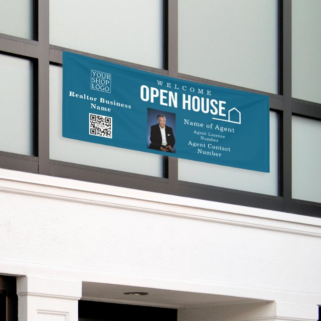 Estate Open House Logo Photo Blue Banner (Outside Building)