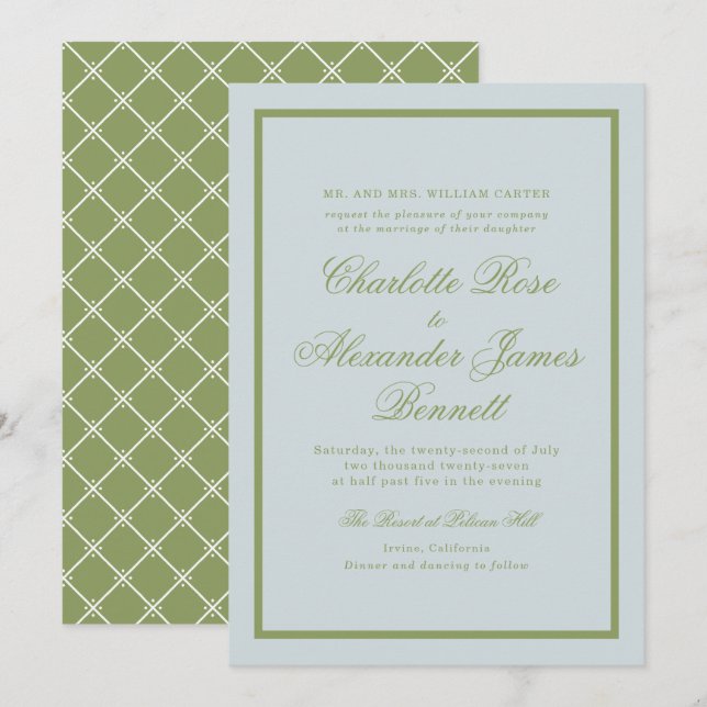 Estate Wedding Olive Green Classic Script Invitation (Front/Back)