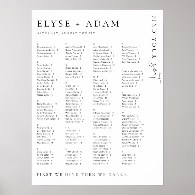 Estelle Modern Minimal Alphabetical Seating Poster (Front)