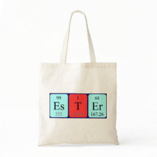 Bag featuring the name Ester spelled out in symbols of the chemical elements