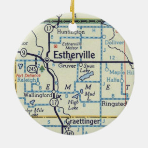 Estherville Iowa Meteor Map Ceramic Tree Decoration