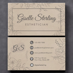 Esthetician Beige Suede Floral Line Art Script Business Card