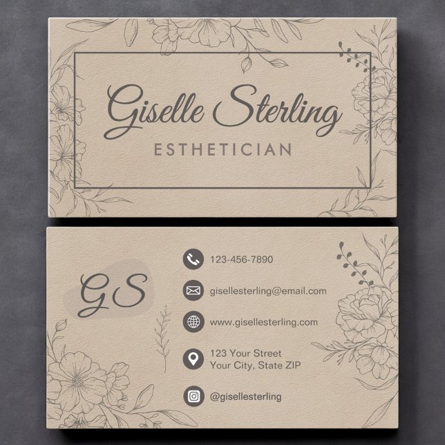 Esthetician Beige Suede Floral Line Art Script Business Card (Creator Uploaded)