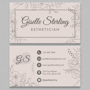 Esthetician Blush Pink Floral Line Art Script Business Card