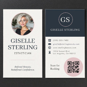 Esthetician Blush Pink & Navy Blue Photo QR Code  Business Card
