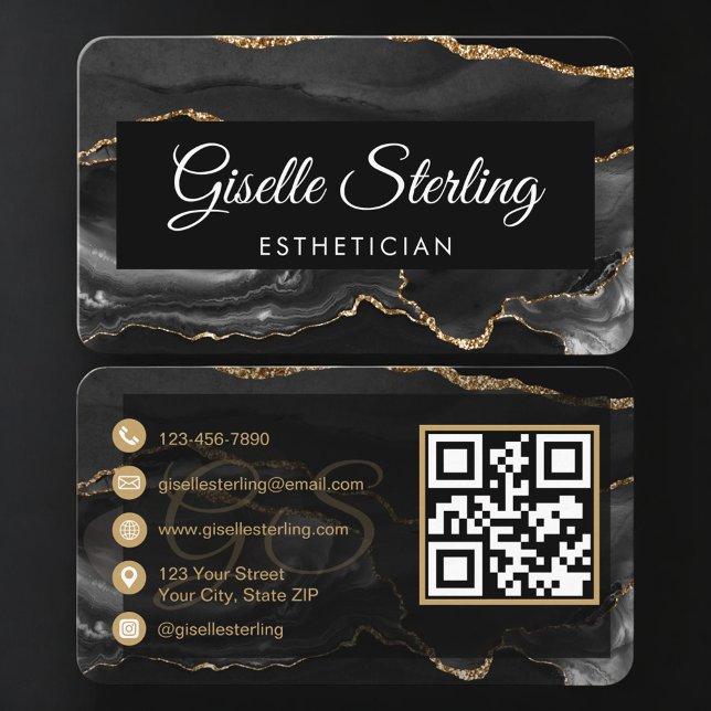 Esthetician QR Code Black Gold Agate Luxury  Business Card (Creator Uploaded)