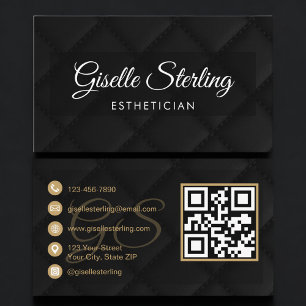 Esthetician QR Code Black Quilted Leather Luxury  Business Card