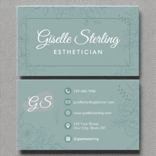 Esthetician Teal Floral Line Art Modern Script Business Card
