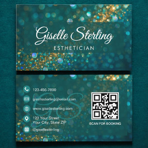 Esthetician Teal Gold Glitter QR Code Luxury Business Card