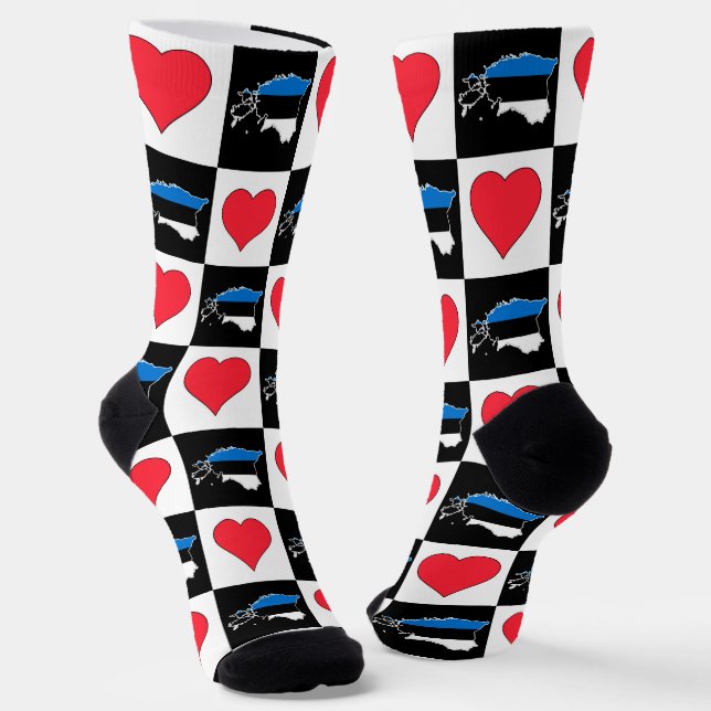 Estonia Heart Pattern Estonian National Flag Map Socks (Angled)