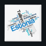 Estonia Map Cities Magnet<br><div class="desc">Estonia map and words cloud with larger cities.
The silhouette of Estonia map and text design of larger cities like Tallinn,  Tartu,  Pärnu,  Narva,  Viljandi,  Kohtla-Järve,  Haapsalu,  Paldiski,  Kuressaare,  Kärdla,  Keila,  Rakvere,  Maardu,  Sillamäe,  Kunda,  Loksa,  Tori,  Tapa and more. Great gift for all Estonia fans and travelers.</div>