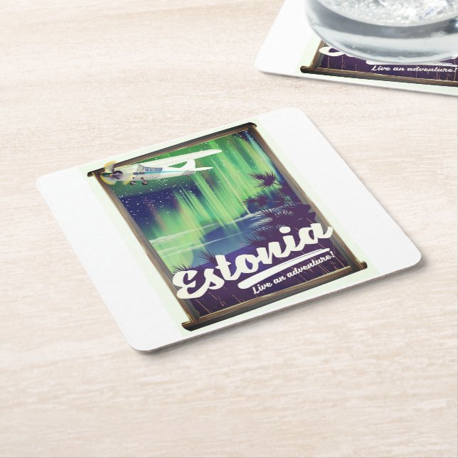 Estonia Northern lights adventure poster. Square Paper Coaster (Angled)