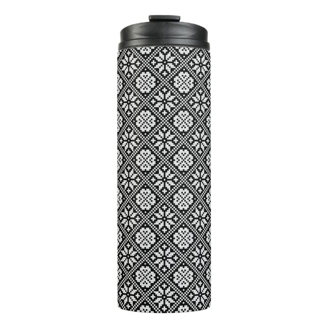 Estonian Black and White Knitting Pattern Thermal Tumbler (Front)