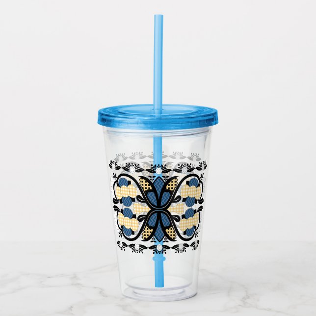 Estonian blue and yellow floral folk art acrylic tumbler (Front)