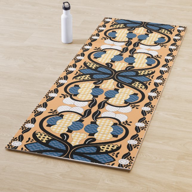 Estonian blue and yellow floral folk art yoga mat (In Situ)