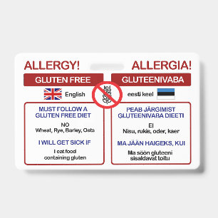 ESTONIAN Gluten Free Travel Card Allergy Badge ID Badge