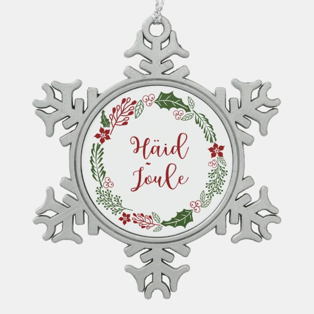 Estonian Merry Christmas Wreath, Häid jõule Snowflake Pewter Christmas Ornament (Front)
