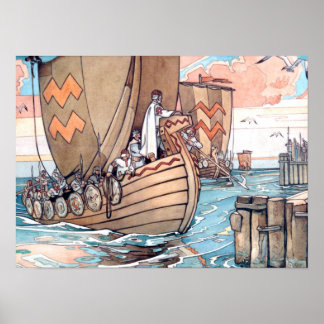 Estonian Viking Boat at Harbour, Watercolour Poster