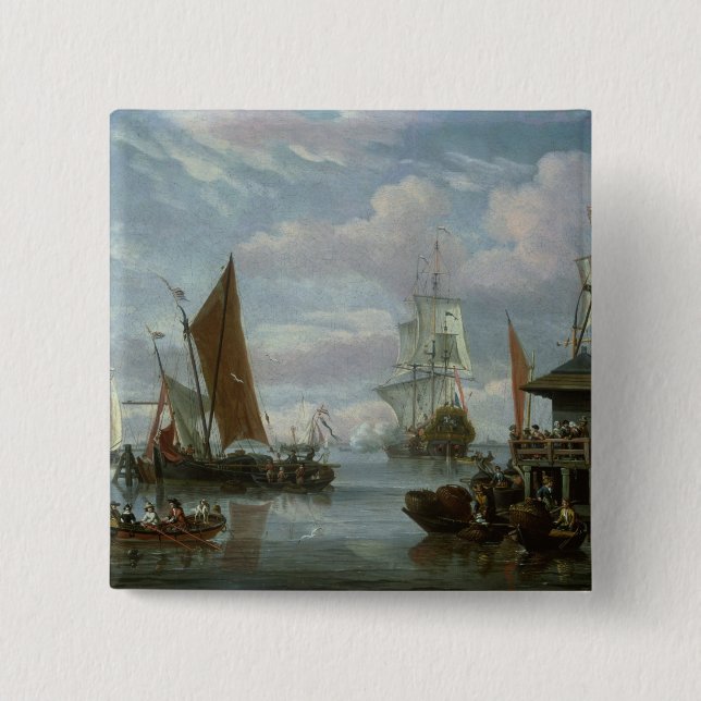 Estuary Scene with Boats and Fisherman 15 Cm Square Badge (Front)