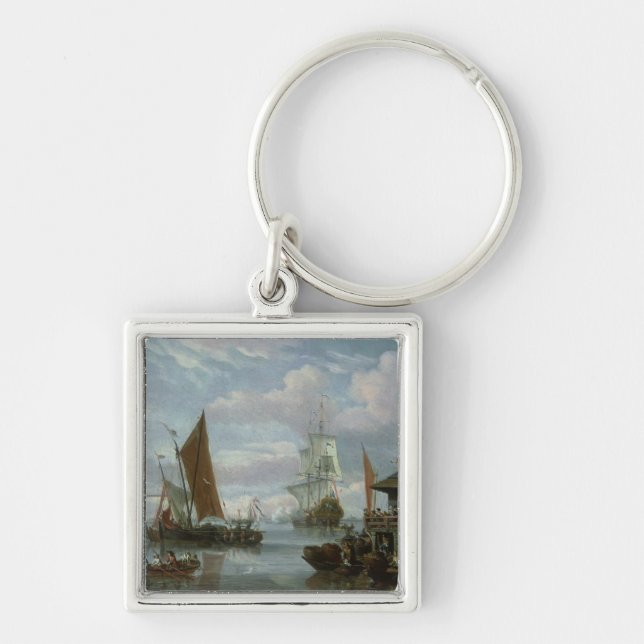 Estuary Scene with Boats and Fisherman Key Ring (Front)
