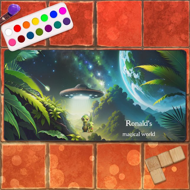 ET UFO Magical Fantasy World Desk Mat (A cute desk mat featuring a fantasy world with a UFO landing with alien ET's.)