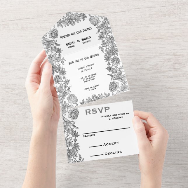 Etched floral All in One Wedding Invite (Tearaway)