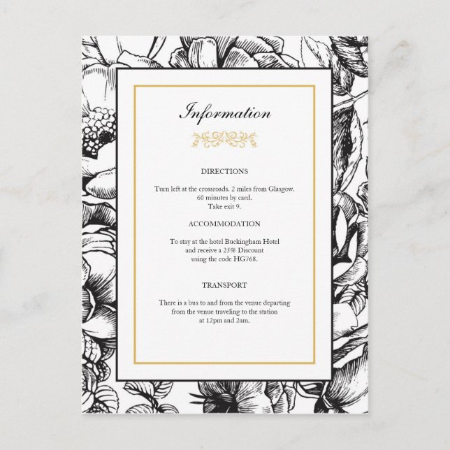 Etched Floral Black & Gold Wedding Info Postcard (Front)