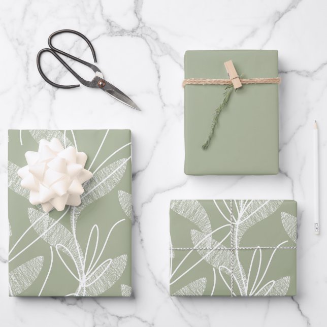 Etched Leaves Botanical Pattern in Sage Green Wrapping Paper Sheet (Front)