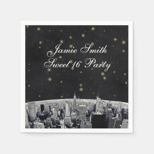 Etched NYC Skyline 2 Black Gold Star Napkin
