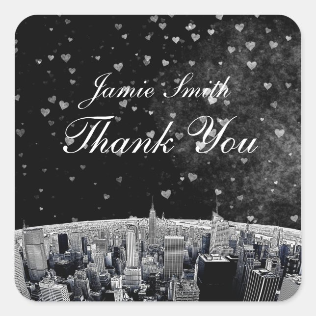 Etched NYC Skyline #2 Black White Heart Thank You Square Sticker (Front)