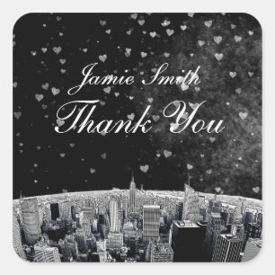 Etched NYC Skyline #2 Black White Heart Thank You Square Sticker