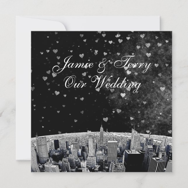 Etched NYC Skyline #2 Black White Heart Wedding Invitation (Front)