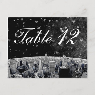 Etched NYC Skyline #2 Black Wht Heart Table Number Postcard