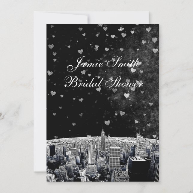 Etched NYC Skyline #2 Black Wht Hrt Bridal Showr V Invitation (Front)