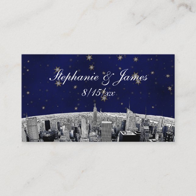 Etched NYC Skyline 2 Blue Gold Star Escort Cards (Front)