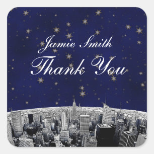 Etched NYC Skyline 2 Blue Gold Star Thank You Square Sticker