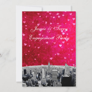 Etched NYC Skyline #2 Pink Red Heart Engagement V Invitation