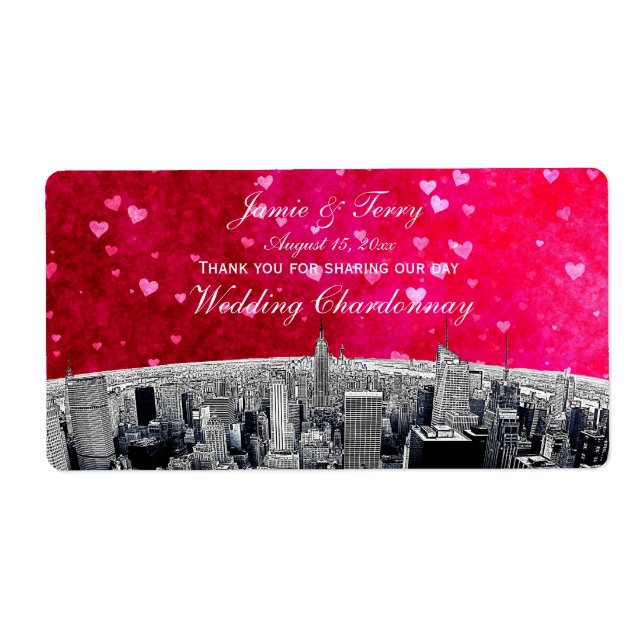Etched NYC Skyline #2 Pink Red Heart H Wine Label (Front)