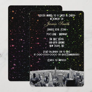Etched NYC Skyline 2 Rainbow Star Sweet 16 V Invitation