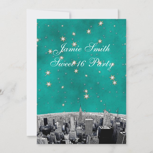 Etched NYC Skyline 2 Teal Gold Star Sweet 16 V Invitation (Front)