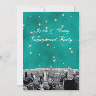 Etched NYC Skyline 2 Teal Gold Star V Engagement Invitation