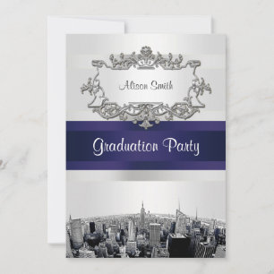 Etched NYC Skyline 2 White BG Blu Ribbn Graduation Invitation