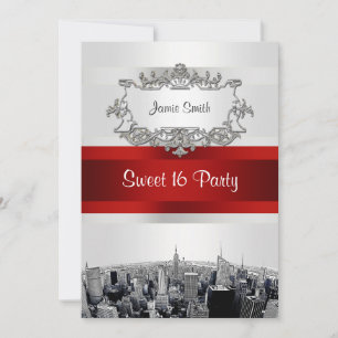 Etched NYC Skyline 2 White, Red Ribbon Sweet 16 Invitation