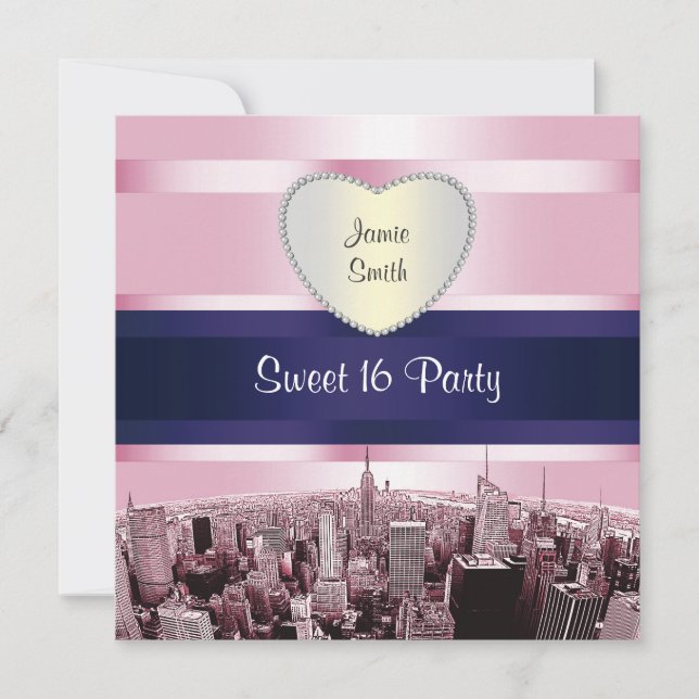 Etched NYC Skyline 2P Pink Blue Rbn H Sweet 16 Pty Invitation (Front)